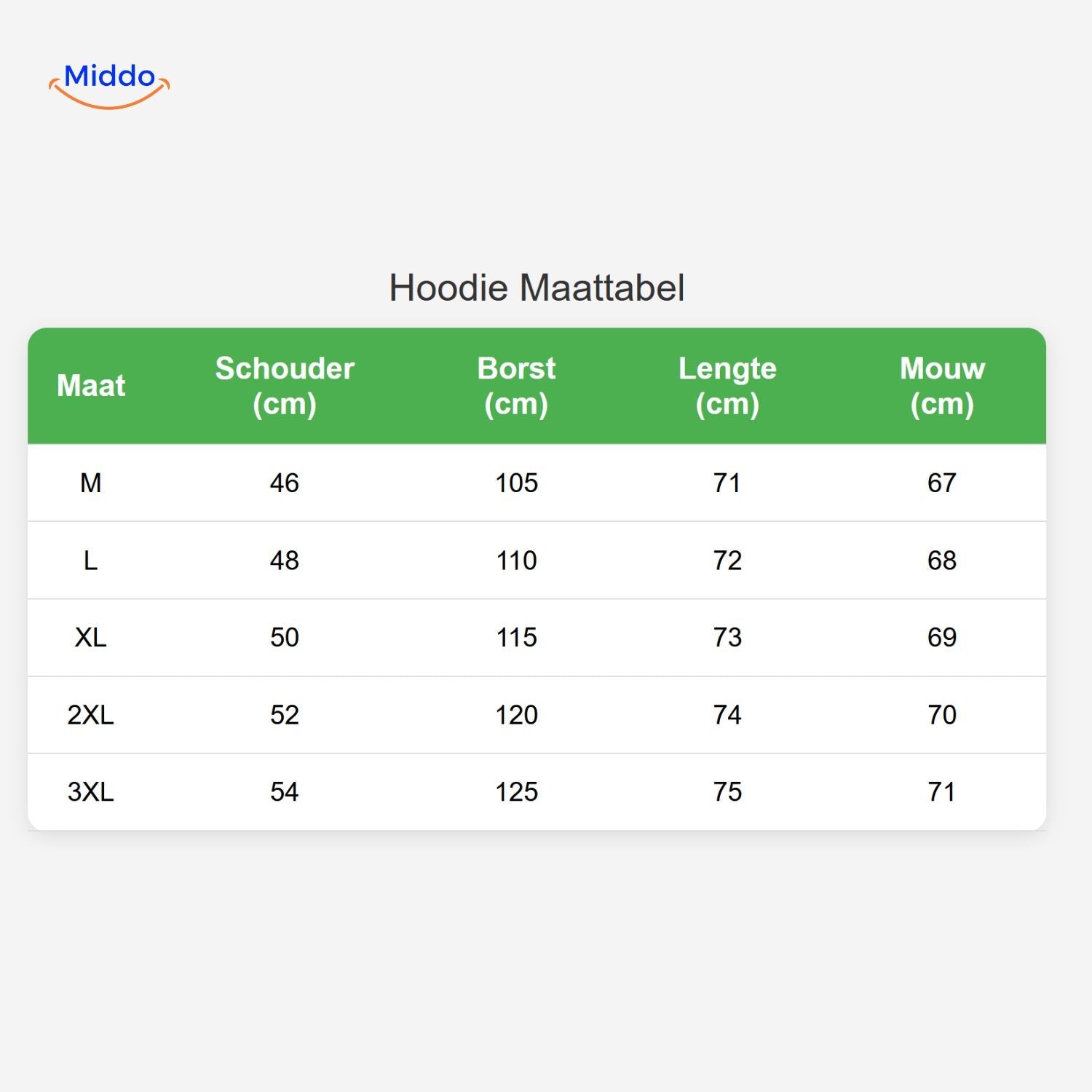 SpotVibe Hoodie maattabel hoody afmetingen www.middo.nl