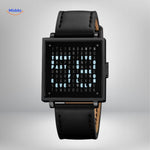 TimeMyst Vierkante Horloge zwart leren band woordklok stijl www.middo.nl