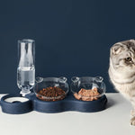 Kat staat naast voederbak met droogvoer, natvoer en waterfles.