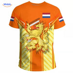 Oranje T-shirt met stijlvolle golf en leeuw design, vier EK 2024 met stijl