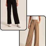 twee foto's van de bruine en zwarte wijde pantalon gedragen door 2 dames.
