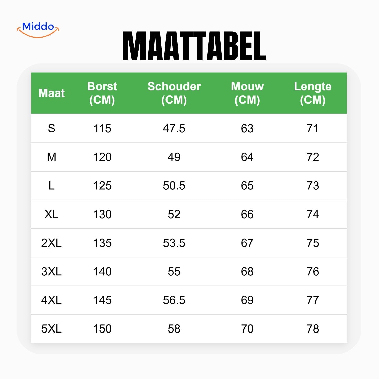 WinterFlex Herenjas maattabel