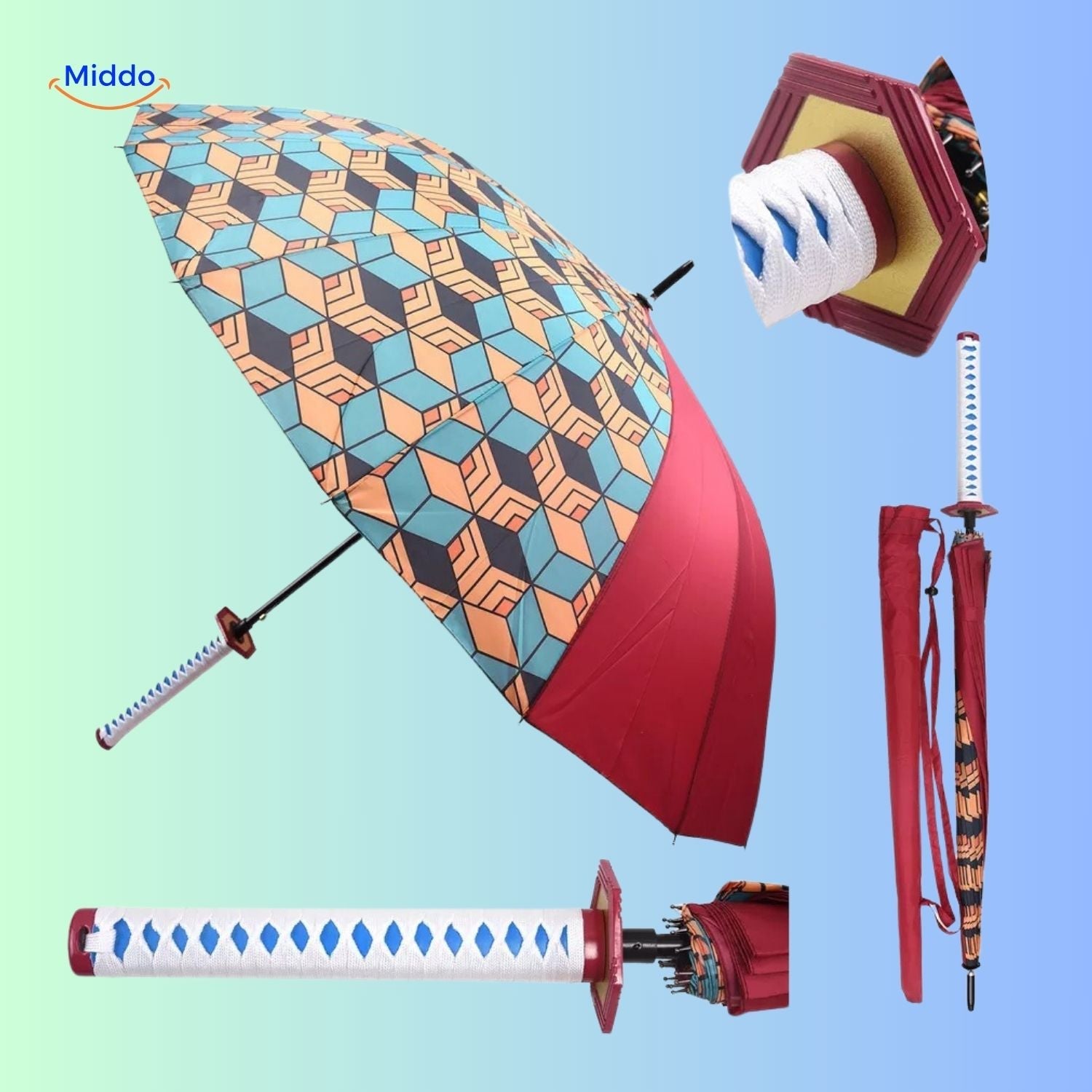 ZenBrella animeparaplu rood met kleurrijke geometrische patroon en zwaardhandvat middo.nl