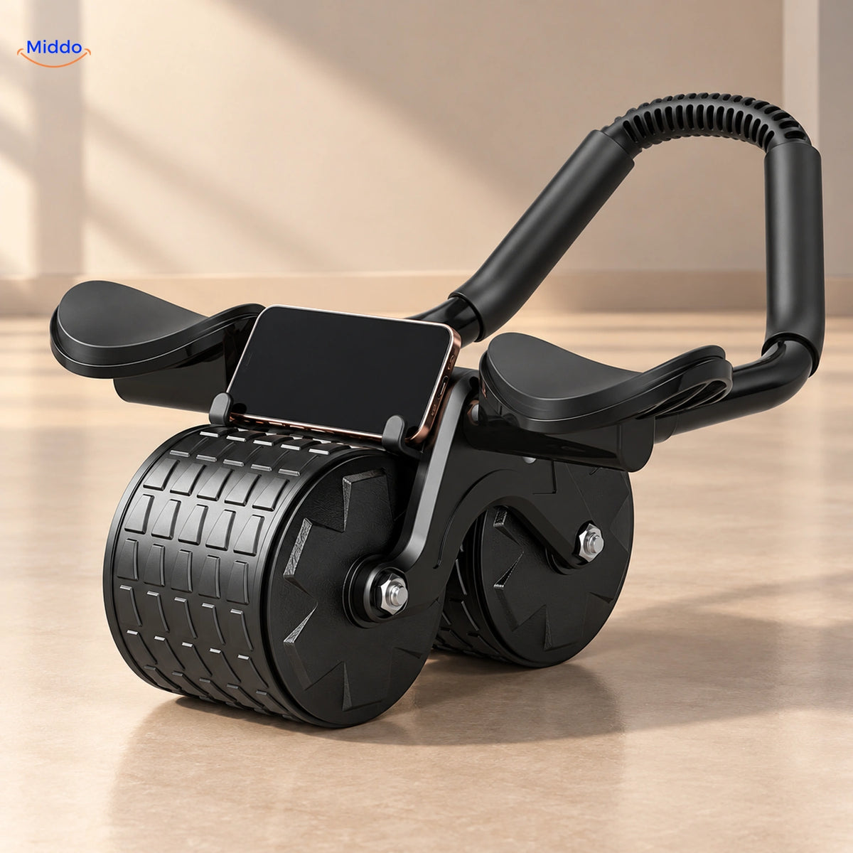 AbWheel Pro noir avec appuis pour les coudes et support téléphone ; téléphone non inclus