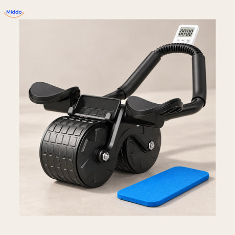 AbWheel Pro™ – Noir avec Minuteur – tapis pour genoux 34 × 15 cm