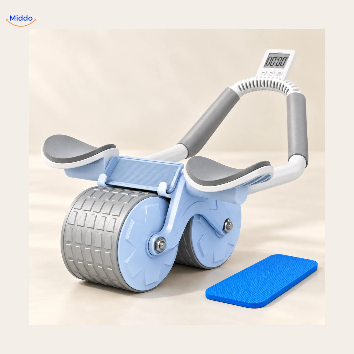 AbWheel Pro™ – Bleu Grisé avec Minuteur – tapis pour genoux 34 × 15 cm
