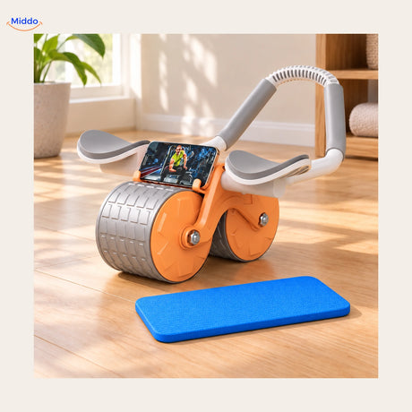 AbWheel Pro orange avec tapis bleu offert ; téléphone non inclus – tapis pour genoux 34 × 15 cm