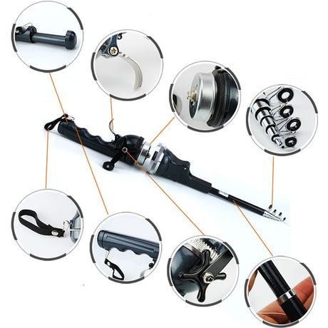 accessoires inclus dans le kit de canne télescopique : hameçons, leurres et moulinet