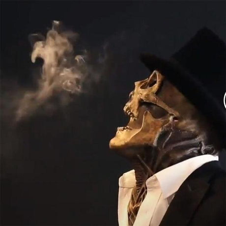 Vue de profil d’un masque squelette réaliste avec mâchoire mobile et chapeau haut-de-forme noir pour Halloween