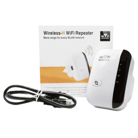 amplificateur wifi avec sa boîte, câble et manuel d'installation inclus
