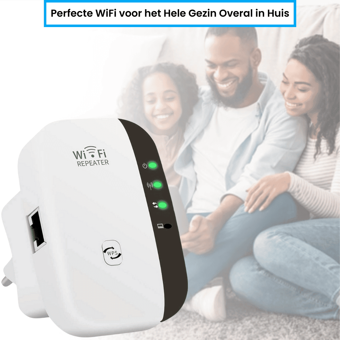 famille utilisant l'amplificateur wifi dans le salon pour une meilleure connexion internet