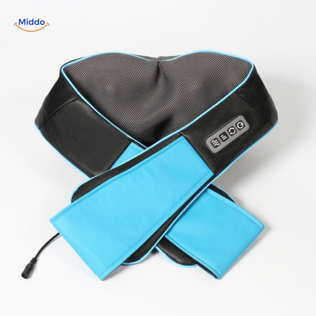 gros plan sur la bande de massage bleue et noire de l'appareil de massage rechargeable