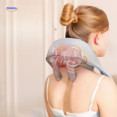 appareil de massage gris avec aperçu transparent des fonctions de massage intégrées