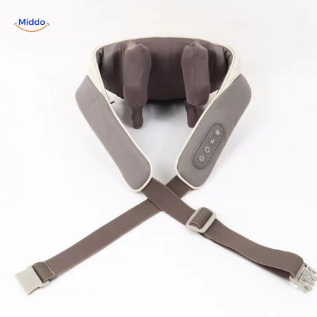 appareil de massage gris avec sangles de maintien marron pour épaules et dos