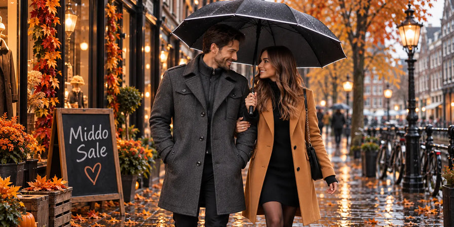 Couple avec parapluie et manteaux dans une rue en automne