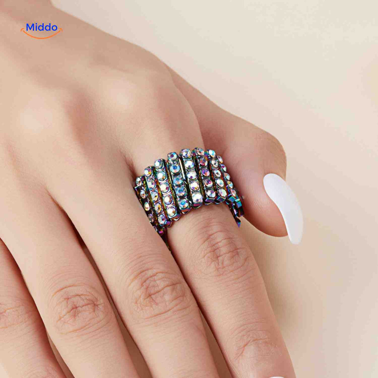 bague réglable argentée large avec strass transparents scintillants