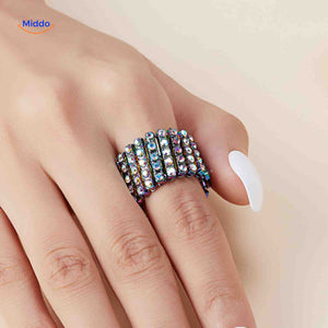 bague réglable argentée large avec strass transparents scintillants