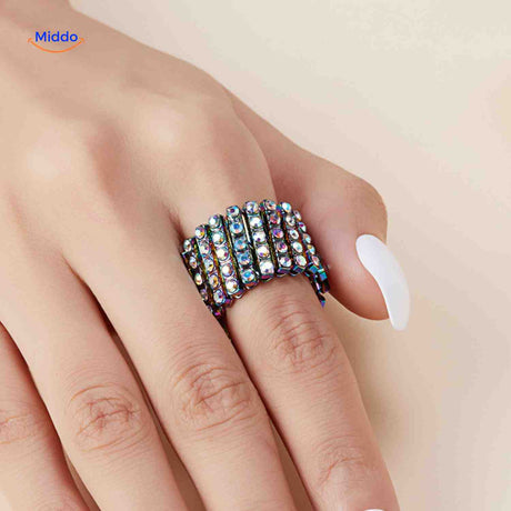 bague réglable argentée large avec strass transparents scintillants