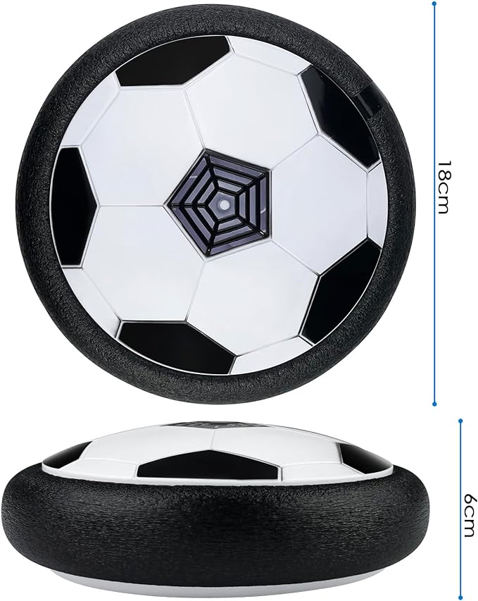 ballon de football flottant avec ses dimensions : diamètre 18 cm et hauteur 6 cm