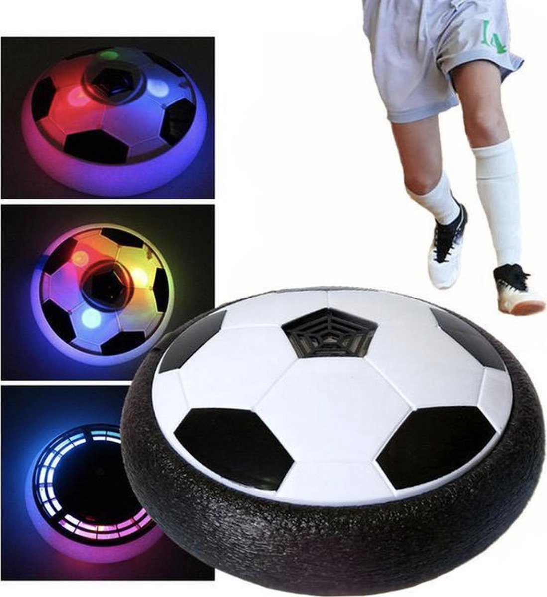 ballon de football flottant avec éclairage LED multicolore et pieds en chaussures de foot sur fond blanc