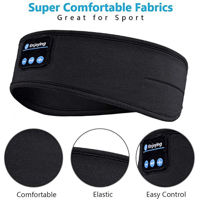 bandeau bluetooth noir pour le sport et le sommeil en tissu élastique confortable