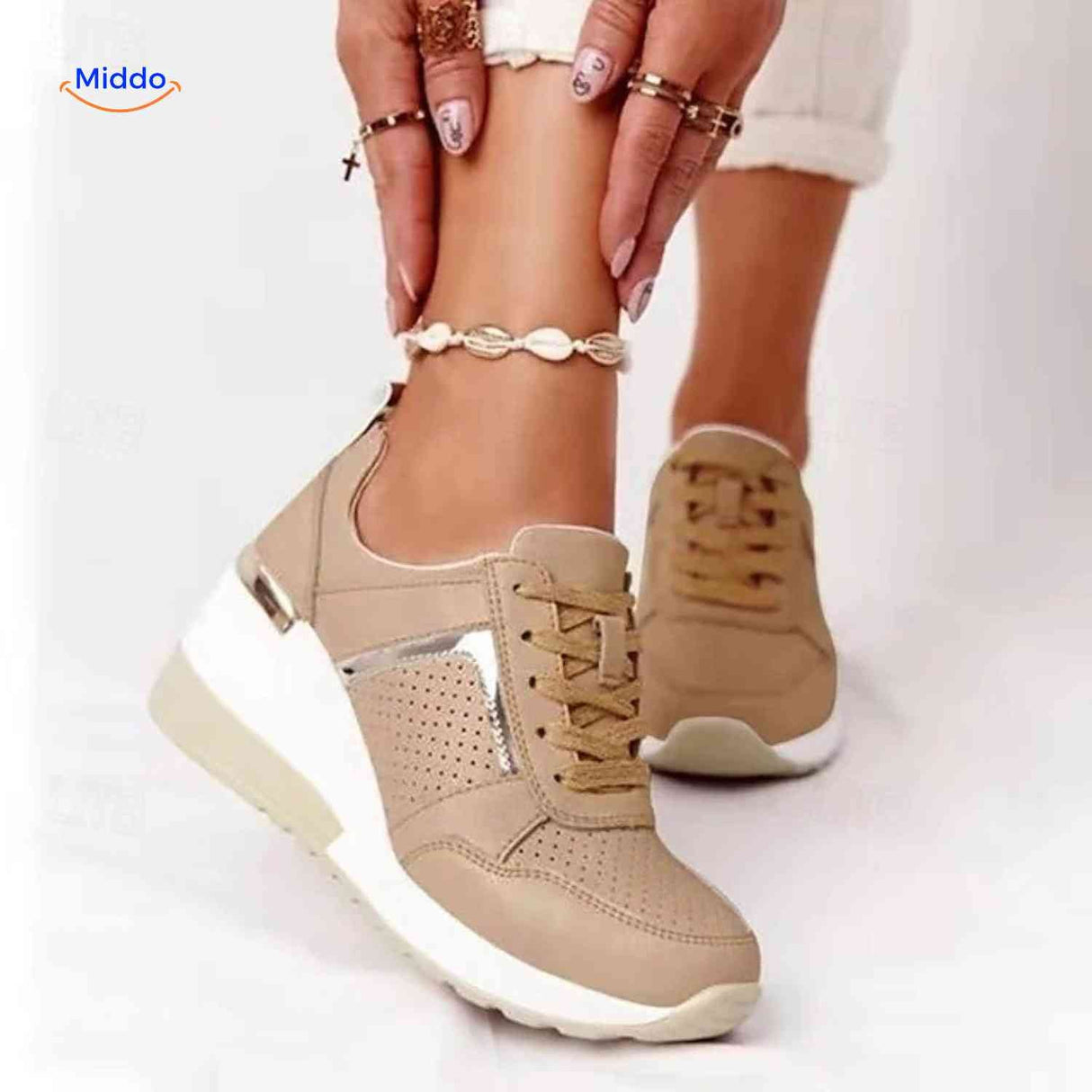 Baskets femme Stridez à semelle rehaussée en mesh, beige, vue arrière, vue 2