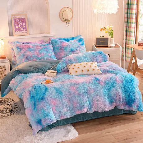 Parure de lit Teddy Fluffy en polaire, Tie-dye bleu et rose