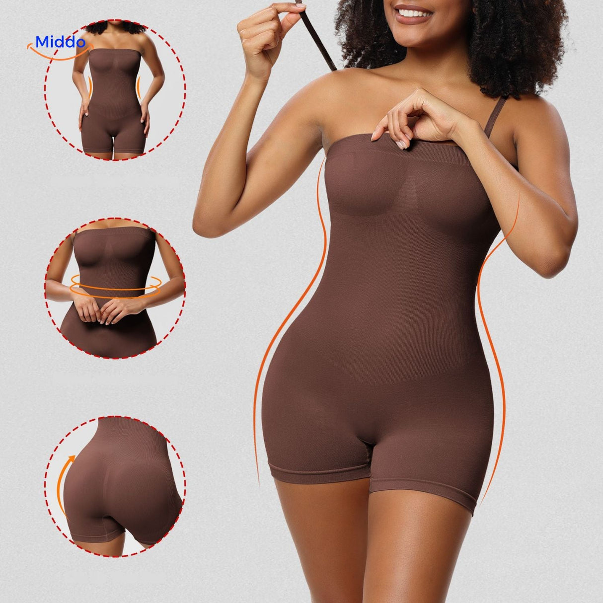 body sculptant sans bretelles marron avec lignes élancées, silhouette affinée et port élégant