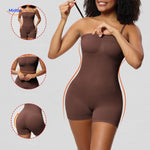 body sculptant sans bretelles marron avec lignes élancées, silhouette affinée et port élégant