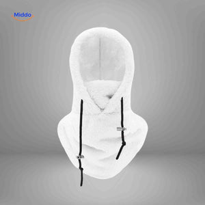 bonnet hiver coloris blanc avec capuche fleece et écharpe intégrée pour le froid