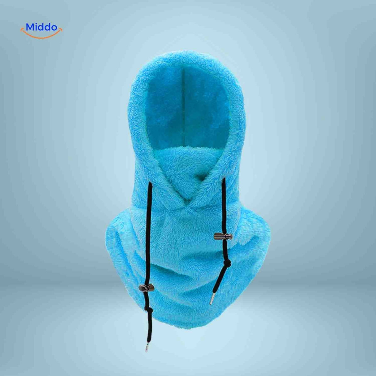 bonnet hiver coloris bleu ciel avec capuche en fleece et tour de cou intégré