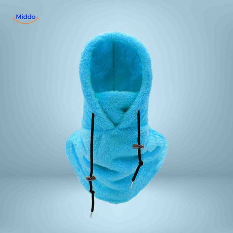 bonnet hiver coloris bleu ciel avec capuche en fleece et tour de cou intégré
