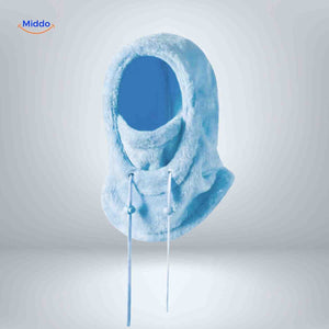 bonnet hiver bleu clair avec longs cordons, capuche fleece et écharpe intégrée