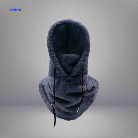 bonnet hiver coloris bleu marine avec capuche fleece et écharpe intégrée