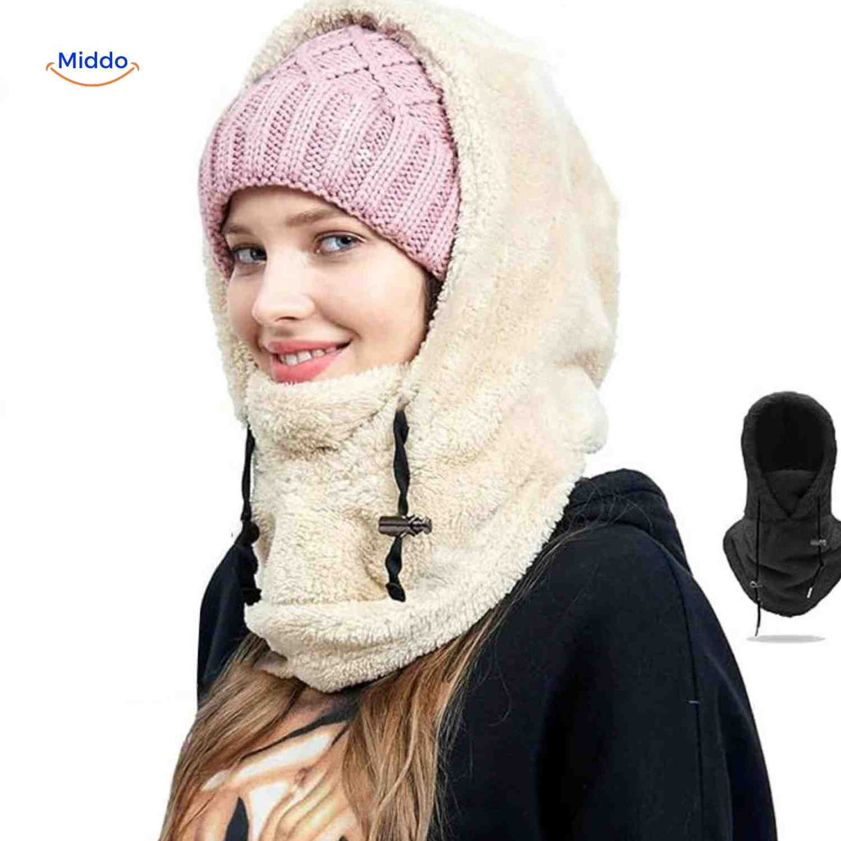 bonnet thermique femme coloris beige avec capuche et tour de cou fleece doux