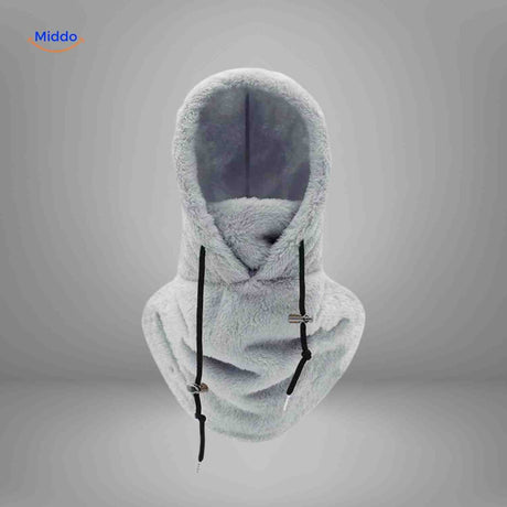bonnet hiver coloris gris clair avec capuche et tour de cou en fleece chaud