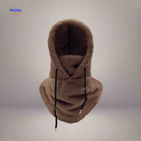bonnet hiver coloris marron avec capuche fleece et écharpe intégrée