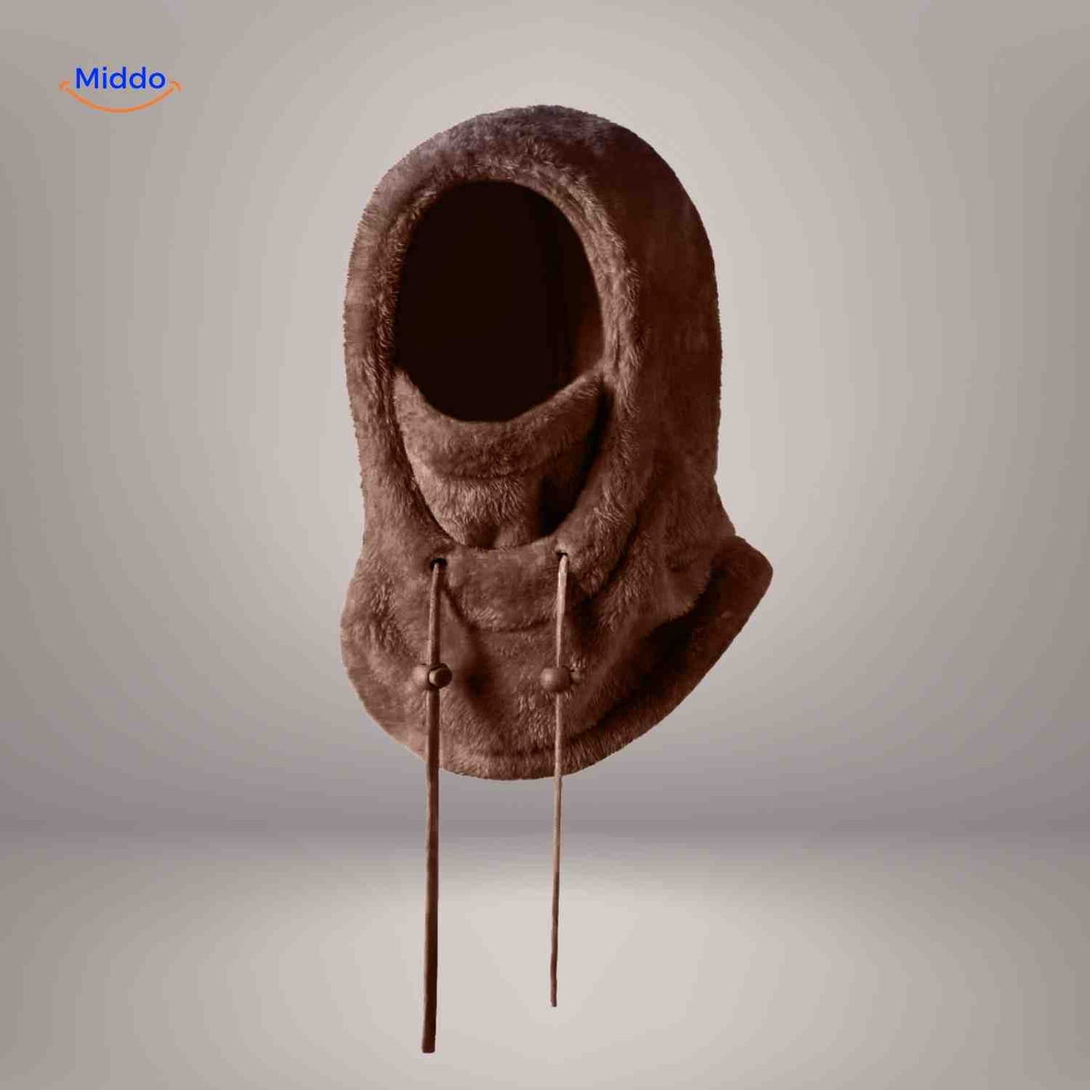 bonnet hiver marron foncé avec longs cordons de serrage et capuche fleece intégrée