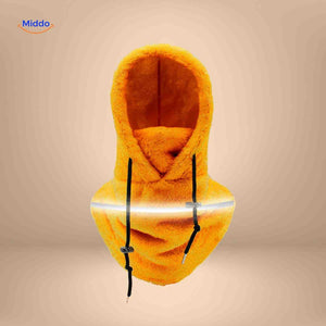 bonnet hiver orange avec bande réfléchissante, capuche fleece et tour de cou intégré