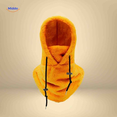 bonnet hiver coloris orange avec capuche fleece et écharpe intégrée pour le froid