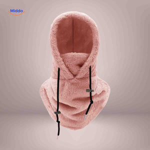 bonnet hiver coloris rose avec capuche fleece et écharpe intégrée pour le froid