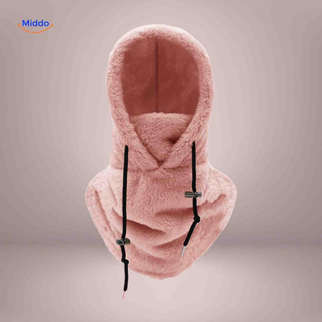 bonnet hiver coloris rose avec capuche fleece et écharpe intégrée pour le froid