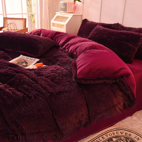 Parure de lit Teddy Fluffy en polaire, Bordeaux