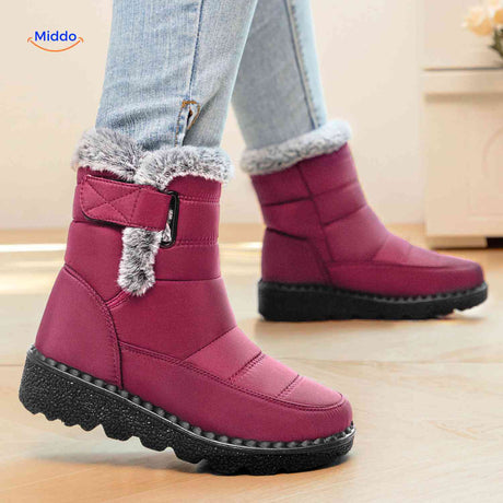 bottes d'hiver rouges avec bordure en fausse fourrure, chaudes et déperlantes