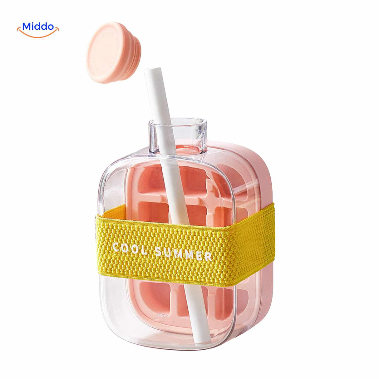 bouteille à glaçons rose avec paille et sangle de transport style été