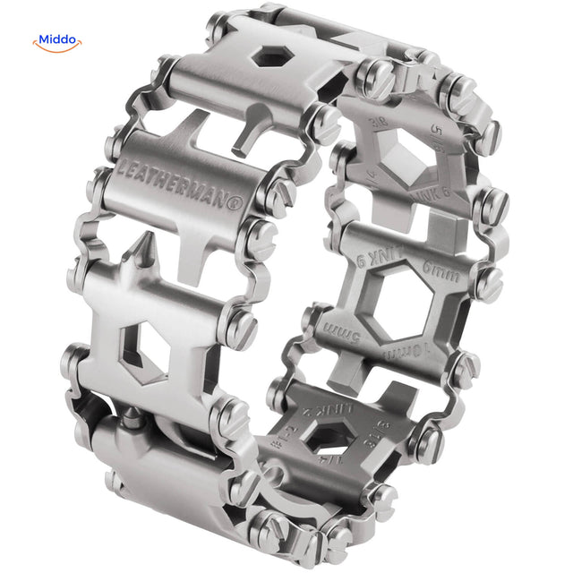 bracelet multi-outils en acier inoxydable coloris argent avec logo gravé au poignet