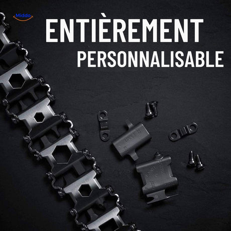 bracelet multi-tool survivepro personnalisable porté au poignet, en acier inoxydable