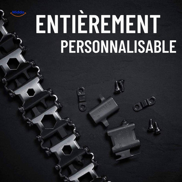 bracelet multi-tool survivepro personnalisable porté au poignet, en acier inoxydable