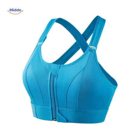 brassière de sport bleue à maintien fort avec fermeture éclair avant, vue de face