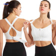 brassière de sport crossback blanche avec zip avant, maintien renforcé pour femme